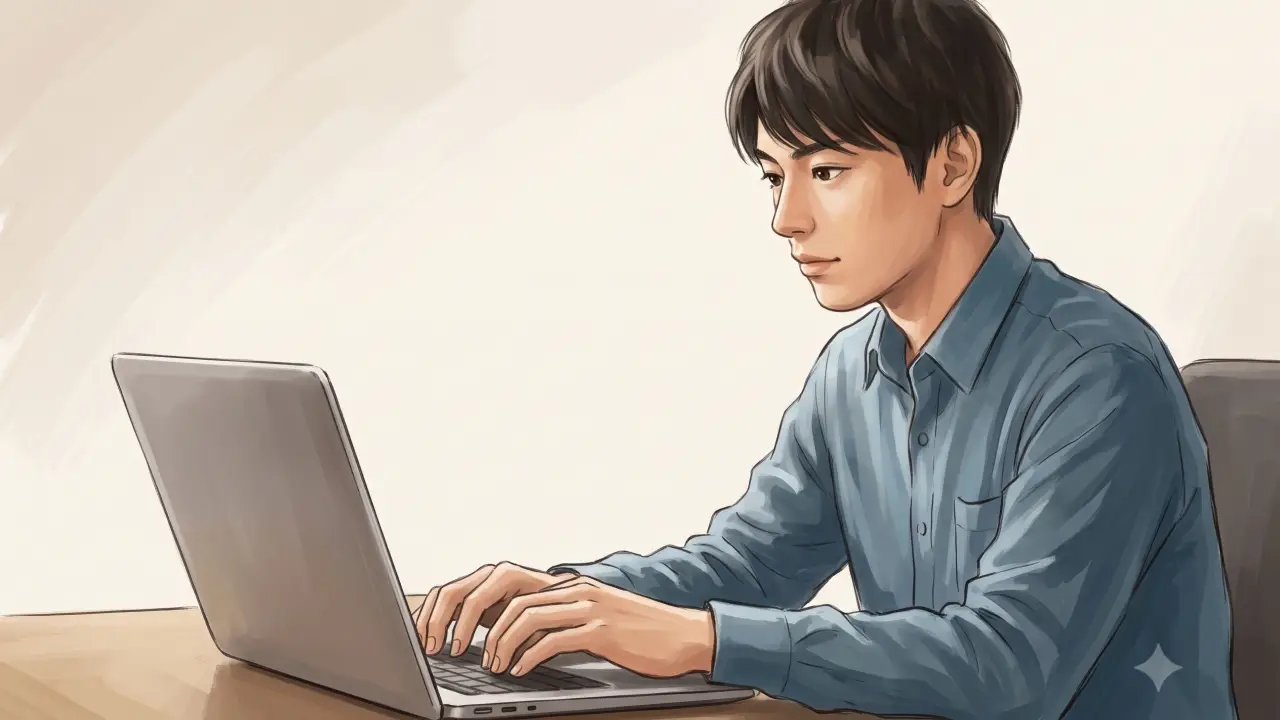 パソコンに向かって淡々と作業をする日本人男性の横顔