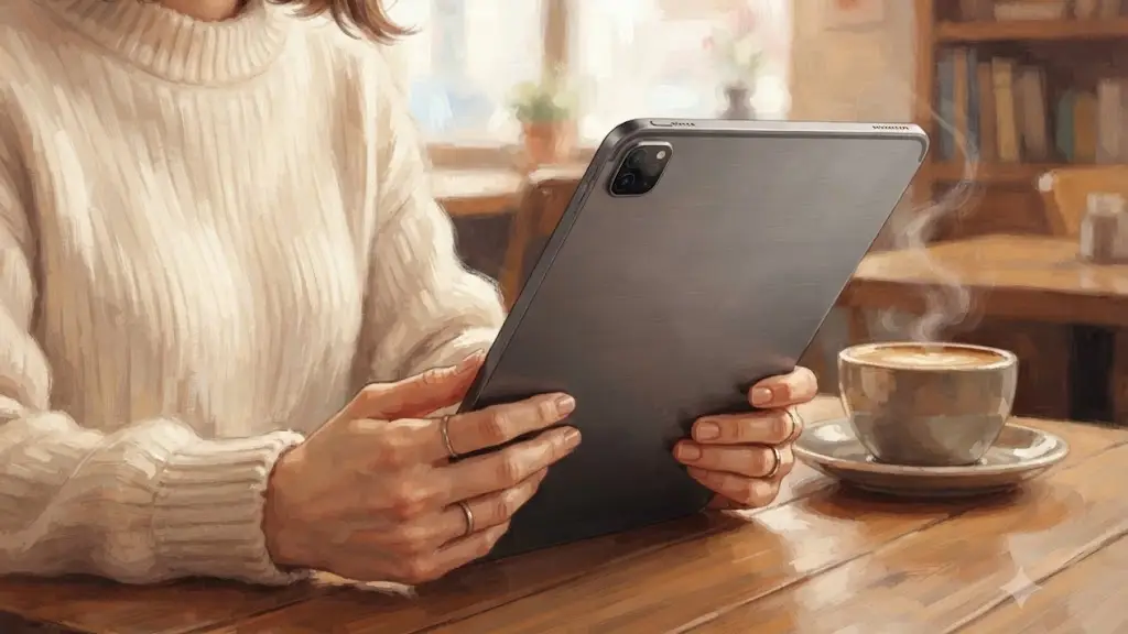 カフェのテーブルでタブレット端末を手にするオフィスカジュアルの日本人女性