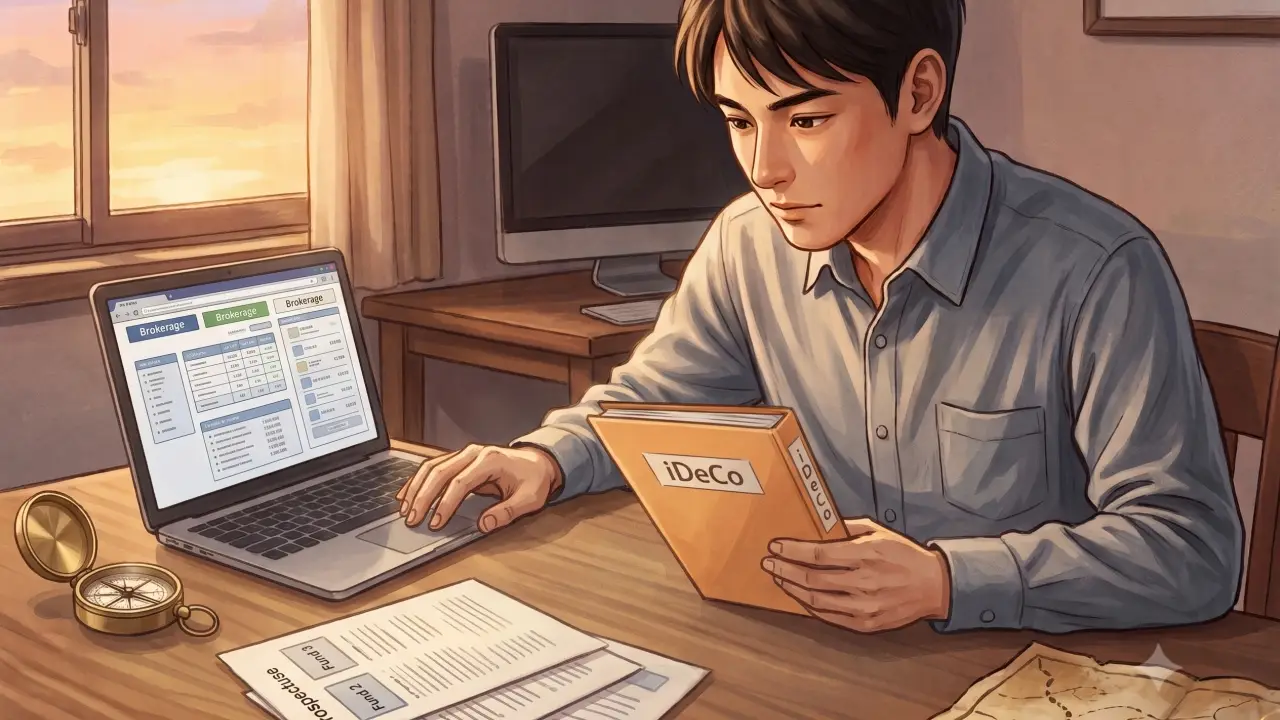 ノートパソコンとタブレットを使い、投資信託のチャートデータを確認する男性のイラスト