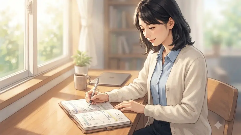 窓から差し込む明るい日差しの中で手帳にペンで書き込む日本人女性