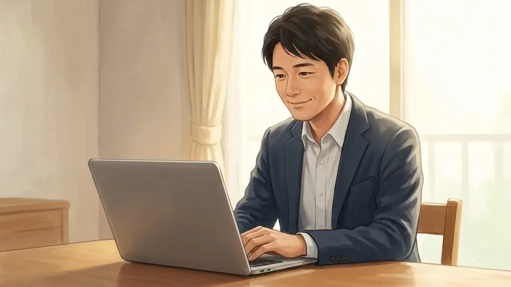 パソコンの画面を見ながら安心した表情を浮かべる男性