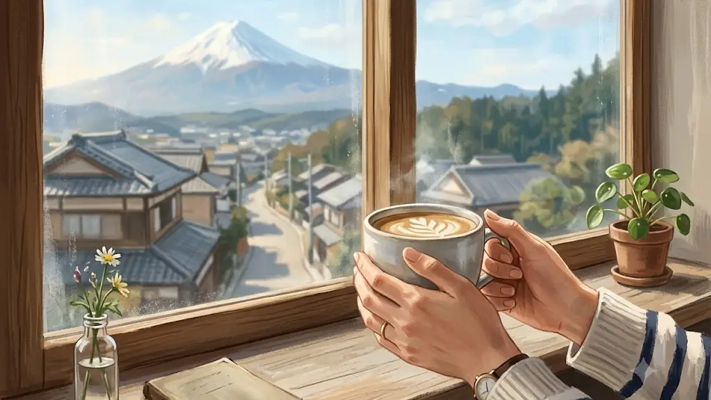窓から遠くの穏やかな景色を眺めながらコーヒーカップを持っている日本人の手元