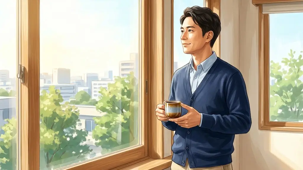 窓辺でコーヒーカップを持ちながら明るい外の景色を眺める日本人男性