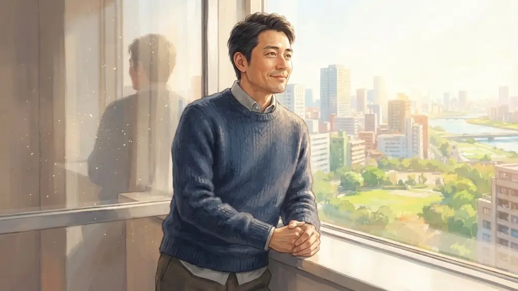 明るい窓の外の景色を眺める男性