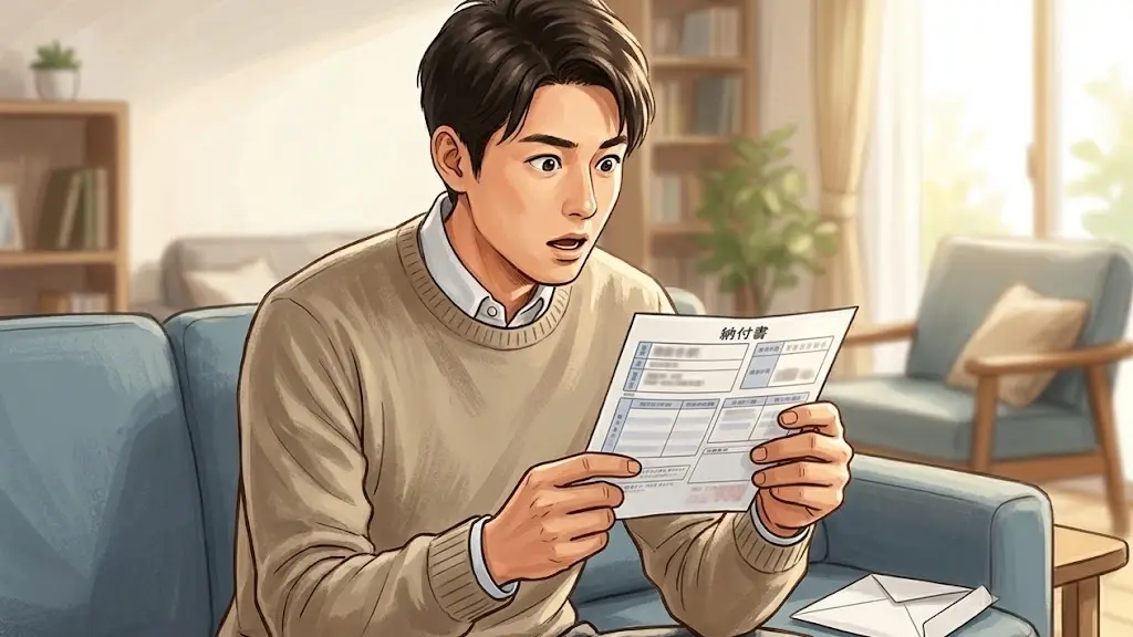 届いたばかりの納付書を手に持ち目を丸くして驚いている日本人男性
