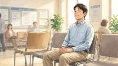 ハローワークの待合室で椅子に座りリラックスした表情で案内を待つ男性