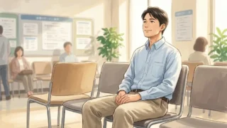 ハローワークの待合室で椅子に座りリラックスした表情で案内を待つ男性