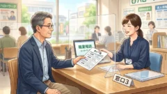 ハローワークの窓口で求人リストを受け取る男性