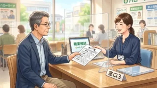 ハローワークの窓口で求人リストを受け取る男性