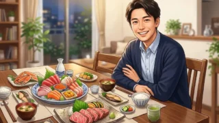 和牛や海鮮などの豪華な料理が並ぶ食卓を前に笑顔を見せる日本人男性