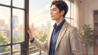 窓の外を見つめながら考え込む男性