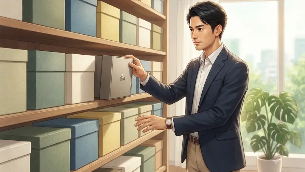 棚から目的の品を慎重に選び取る様子