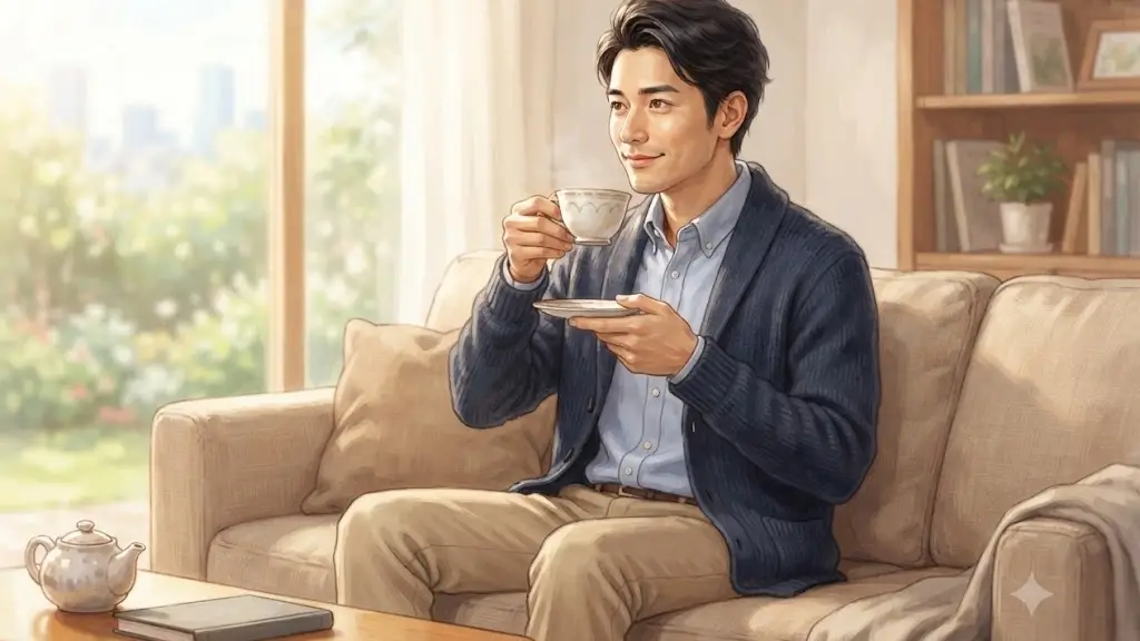 ソファに座りリラックスして紅茶を飲む日本人男性