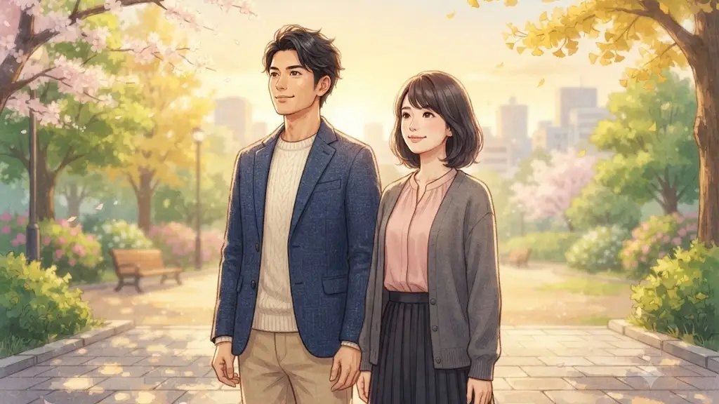 朝日が差す公園で前を向いて清々しい表情を浮かべるオフィスカジュアルの日本人男女