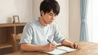 自宅のデスクでノートを見ながら真剣に資金計画を考える若い日本人男性