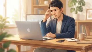 デスクで頭を抱えながらノートパソコンの画面を見つめるオフィスカジュアルの日本人男性