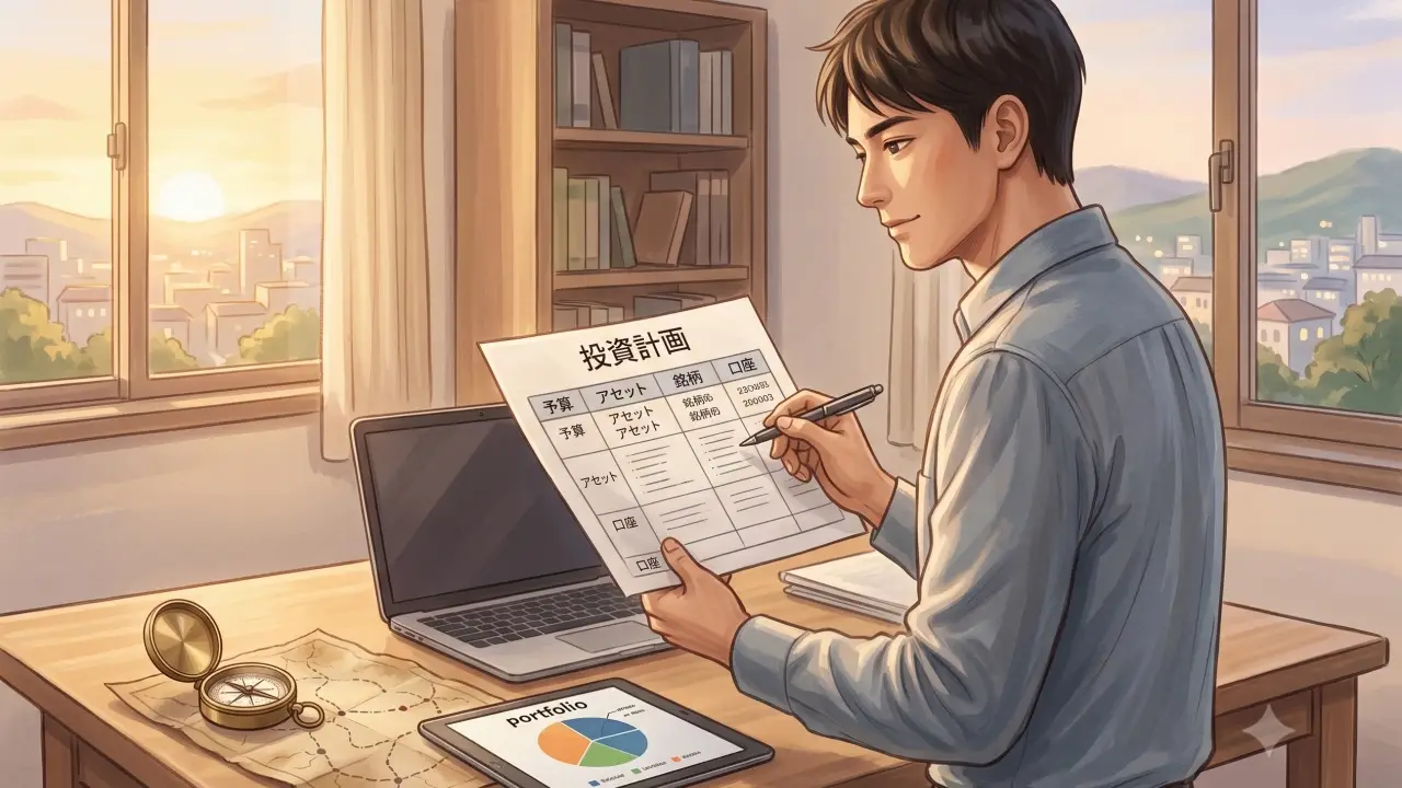 窓辺で投資計画書を手に持ち、真剣な表情で見つめる男性のイラスト