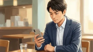 カフェのテーブルでスマートフォンを自然な角度で持ち画面を見つめる男性