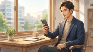 窓際のデスクでスマートフォンを眺めるオフィスカジュアルの日本人男性