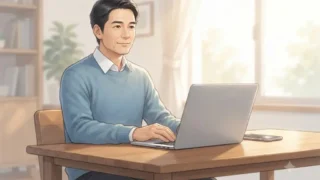 ノートパソコンとスマートフォンが置かれたデスクでくつろぐ50代男性