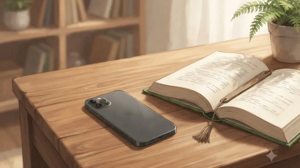 机の上に伏せて置かれたスマートフォンと開かれた本