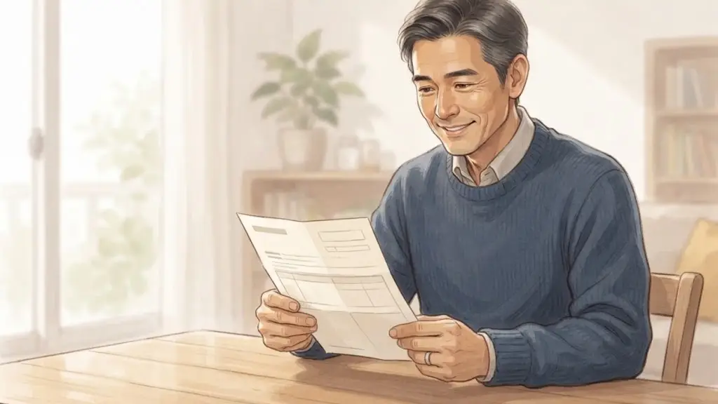届いた書類を手に取り安堵した表情を浮かべる日本人男性