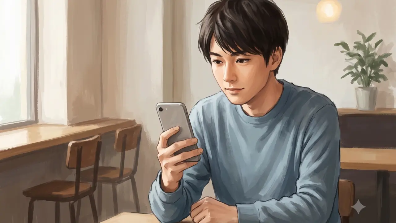カフェでスマートフォンを見ながら投資について考える若い日本人男性