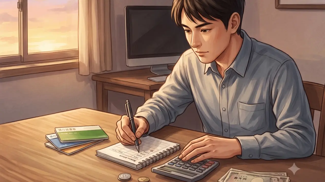 机に向かい、現金や通帳を見ながら電卓で家計の計算をする男性のイラスト