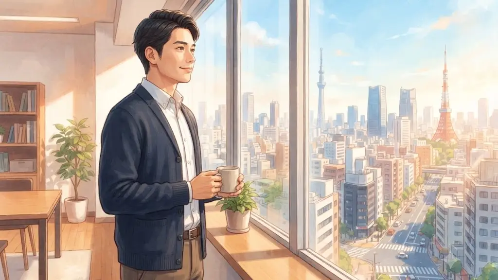 穏やかな表情で窓の外の景色を眺める日本人男性