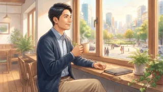 窓辺でコーヒーを飲みながらくつろぐ日本人男性