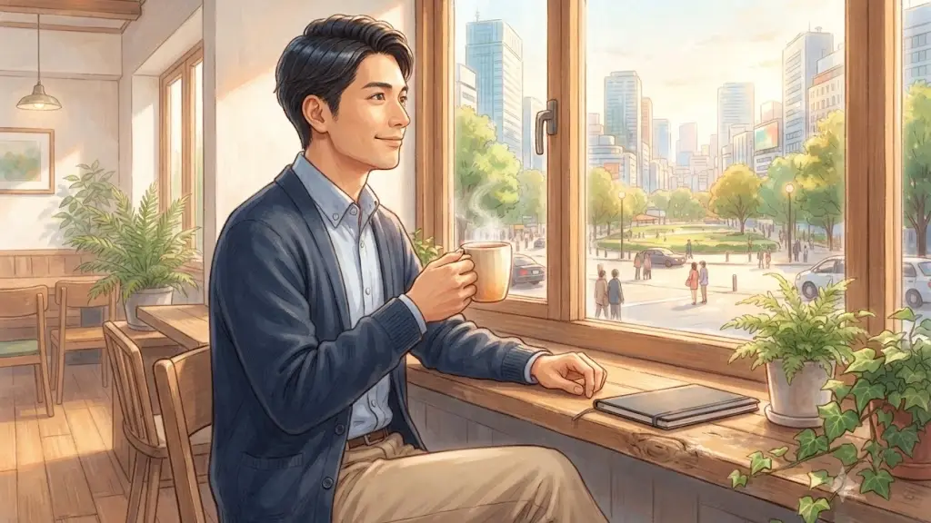 窓辺でコーヒーを飲みながらくつろぐ日本人男性