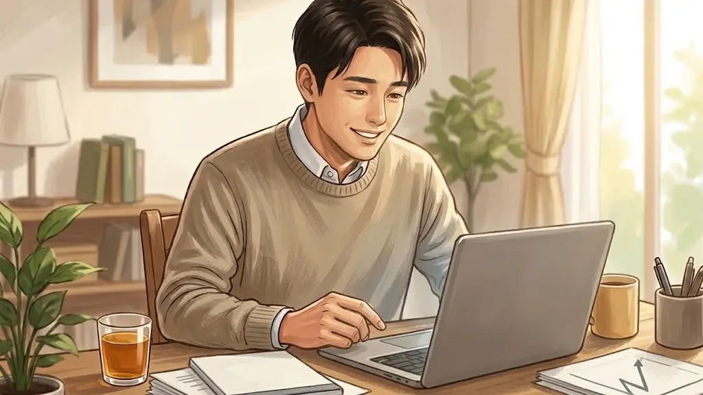 パソコンの画面を見つめながら安堵したような明るい笑顔を見せる日本人男性