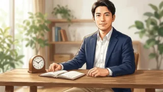 手帳と時計が置かれた木製のデスクに座り穏やかな表情で前を見据えるオフィスカジュアル姿の日本人男性