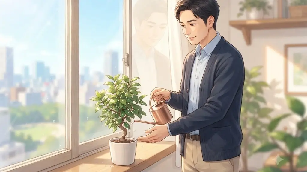 窓辺で小さな観葉植物に水やりをする日本人男性