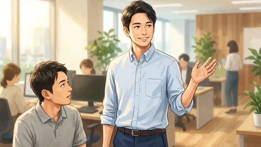 同僚からの問いかけを笑顔で軽くかわす男性