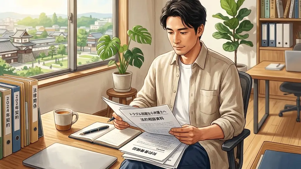 整頓されたデスクで書類に目を通すオフィスカジュアル姿の日本人男性
