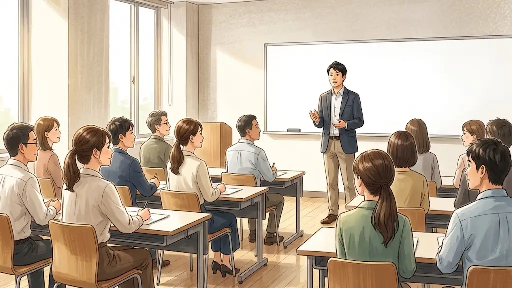 ホワイトボードを背にして立つ講師と席に座って静かに話を聞く参加者
