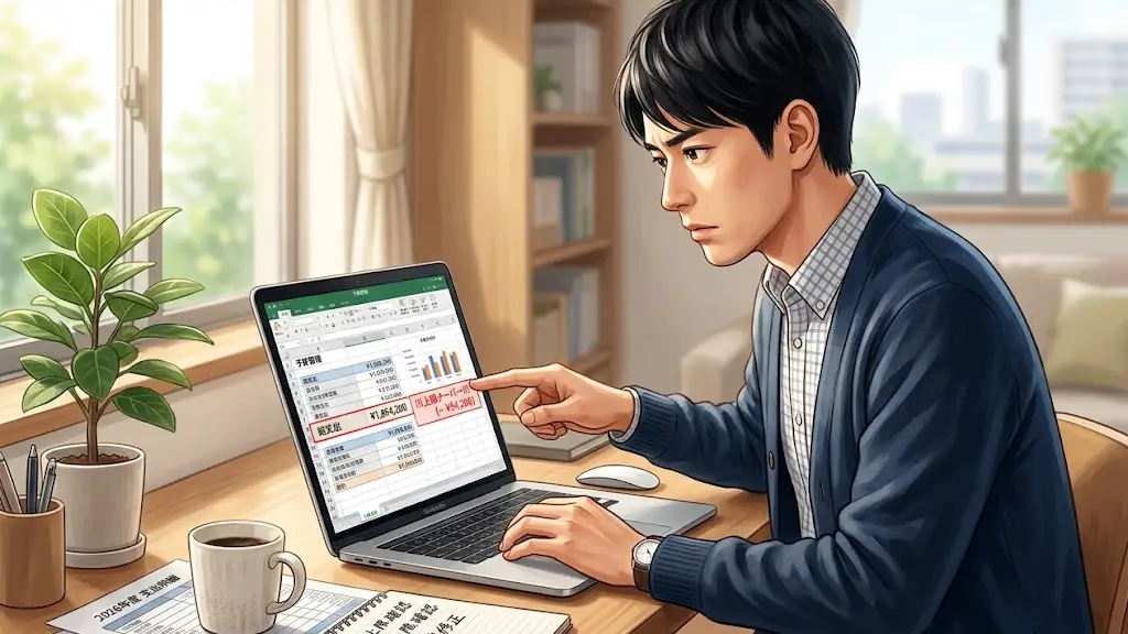 ノートパソコンを開いて真剣な表情で数字を確認する日本人男性