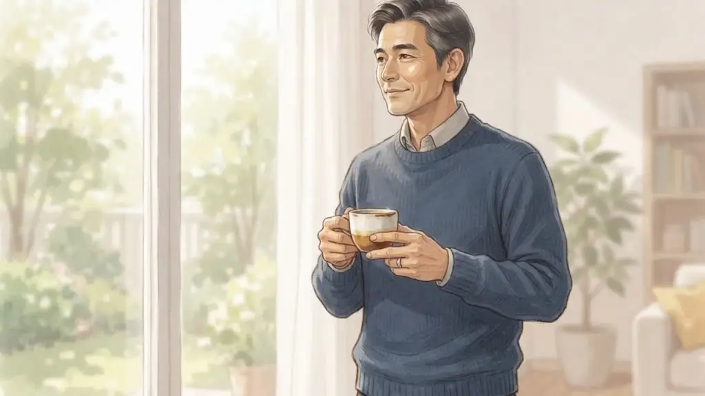 コーヒーカップを持ちながら窓の外を穏やかに眺める日本人男性
