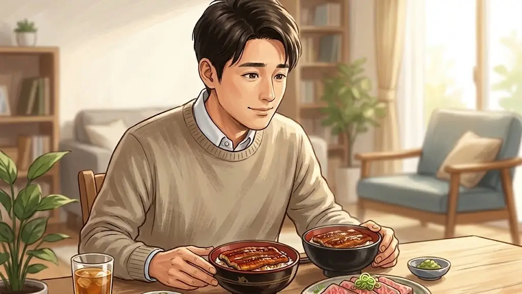 食卓に並んだうなぎや黒毛和牛の料理を見て少し安堵の表情を浮かべる日本人男性