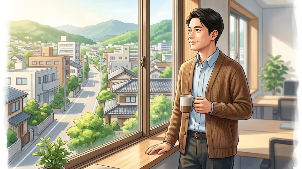 窓際でコーヒーを持ちながら外の街並みを穏やかに眺める日本人男性