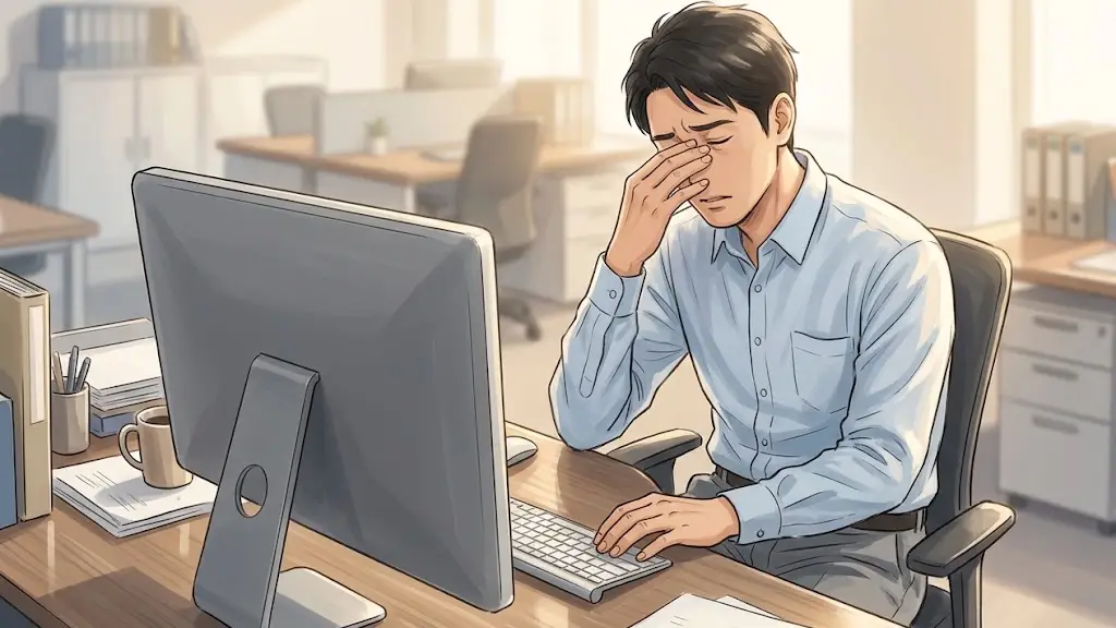 デスクでパソコンのモニターを見つめながら目をこする男性