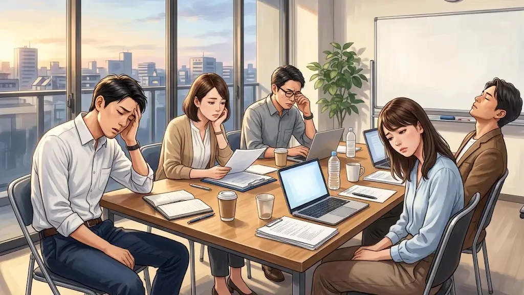 会議室のテーブルを囲んで疲弊した様子で座る人々