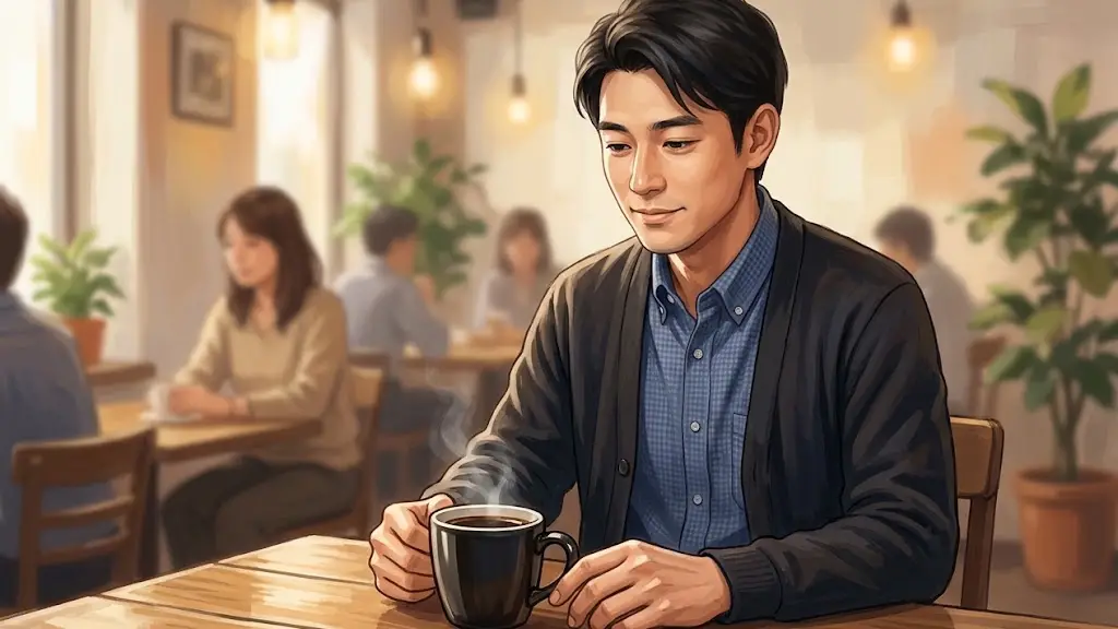 カフェでコーヒーを前にリラックスした表情で座る男性