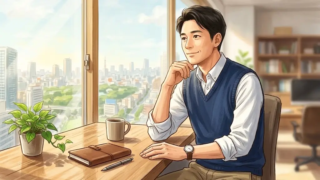 オフィスのデスクに座り少し肩の力を抜いている日本人男性