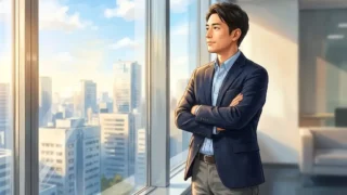 腕組みをして穏やかな表情で窓の外を見つめているオフィスカジュアル姿の日本人男性