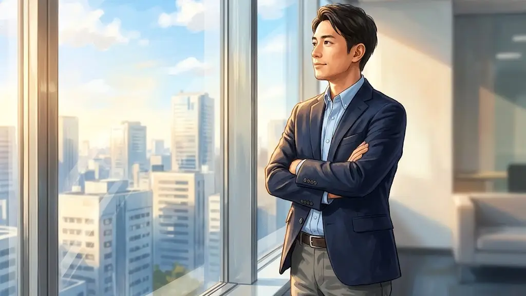 腕組みをして穏やかな表情で窓の外を見つめているオフィスカジュアル姿の日本人男性