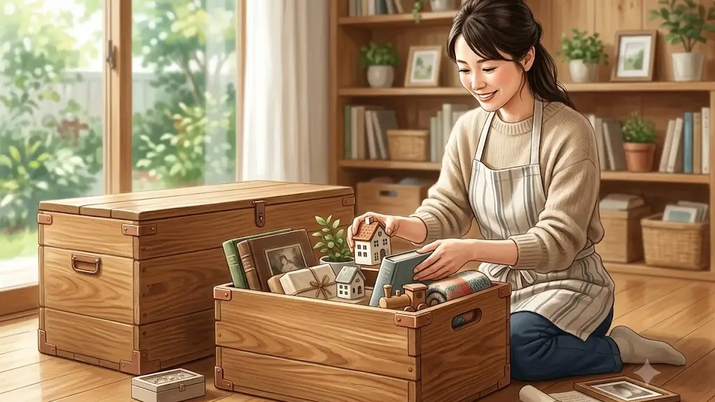 頑丈で大きな木箱に大切なアイテムを丁寧に収納する日本人女性