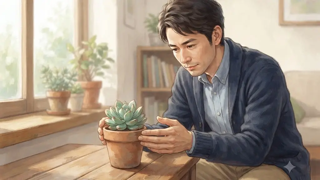 大切な植物の鉢植えを両手でしっかりと包み込むように守る日本人男性