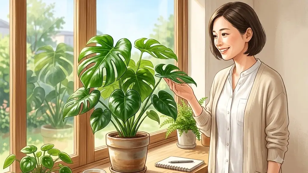 窓辺で豊かに葉を広げた観葉植物を満足そうに眺める日本人女性